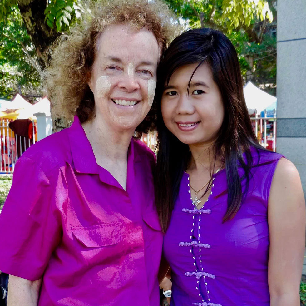 Ann and new friend in Yangon, Myanmar